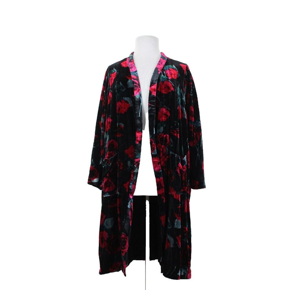Torrid $120 Sz 4 Black Pink Floral Velour Pockets VIscose Nylon Wrap Sweater